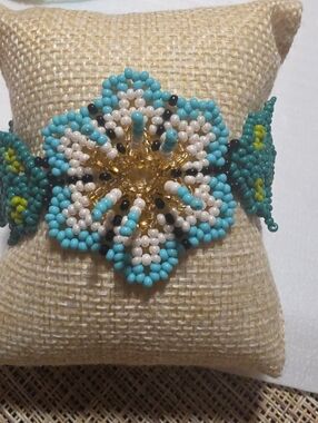Handcrafted Turquoise & Cream Beaded Flower Bracelet